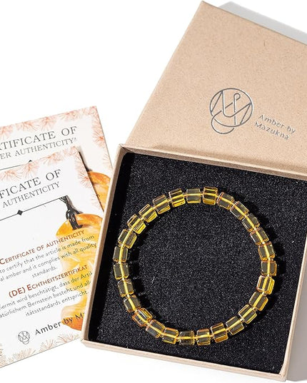 Natural Baltic Amber Bracelet for Women and Men – Stretch Wristband with Polished Cube Beads, Lightweight Unisex Jewelry Gift for Daily and Casual Wear