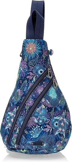 Sakroots On The Go Sling Bag for Women in Eco-Twill, Large Convertible Crossbody Backpack With Main Zipper Closer, Made From Recycled Materials - Royal Blue Seascape Nd