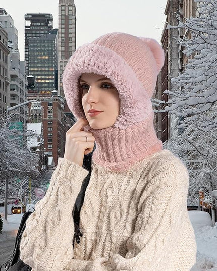 HUAMULAN Women Winter Beanie Hats One Piece Fleece Lined Knit Balaclavas Mask Set Skull Neck Circle Scarf Ski Snow Hat Pompom