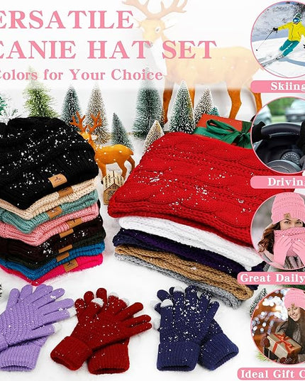 Winter Beanie Hat Scarf Gloves, Warm Fleece Knit Hats Touch Screen Gloves Neck Scarf Set Winter Gifts for Unisex Adult