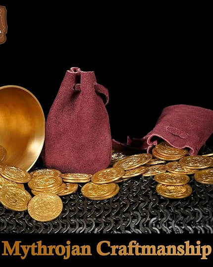 Mythrojan Small Trinket Pouches Suede Leather Drawstring Coin & Dice Bags for LARP, SCA, Viking & Medieval Events (Wine Red - Pack of 2)