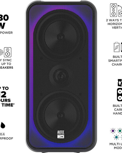 Altec Lansing Shockwave 200 Wireless Party Speaker 180W Bluetooth Speaker with a Long Lasting 12 Hour Battery, Multi LED Party Modes, Multiple bass Boost Modes, Party Sync, AM/FM Radio