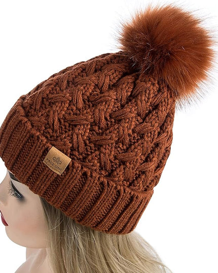 PAGE ONE Womens Winter Ribbed Beanie Crossed Cap Chunky Cable Knit Pompom Soft Warm Hat