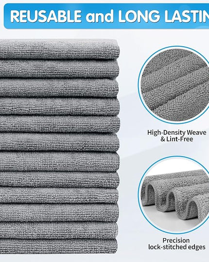 FIXSMITH Grey Microfiber Cleaning Cloth -Pack of 12, Highly Absorbent Cleaning Rags, 16"X12" All Purpose Cleaning Towels for Housekeeping, Kitchen, Car, Lint Free and Reusable Microfiber Towels