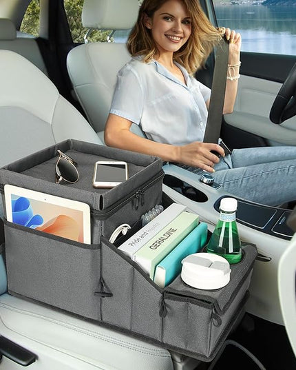 Car Seat Organizer, Backseat Car Organizer with Cup Holder Tray and Storages for Kids and Adults, Portable Travel Cooler for Car for Front or Back Seat Passenger Organizer Ccompartment (Grey)