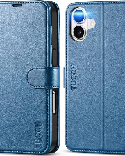 TUCCH Wallet Case for iPhone 16, Magnetic PU Leather Kickstand Flip Cover with 4 Card Slot Shockproof TPU Interior Shell, [RFID Blocking] Folio Case Compatible with iPhone 16 5G 2024, Light Blue