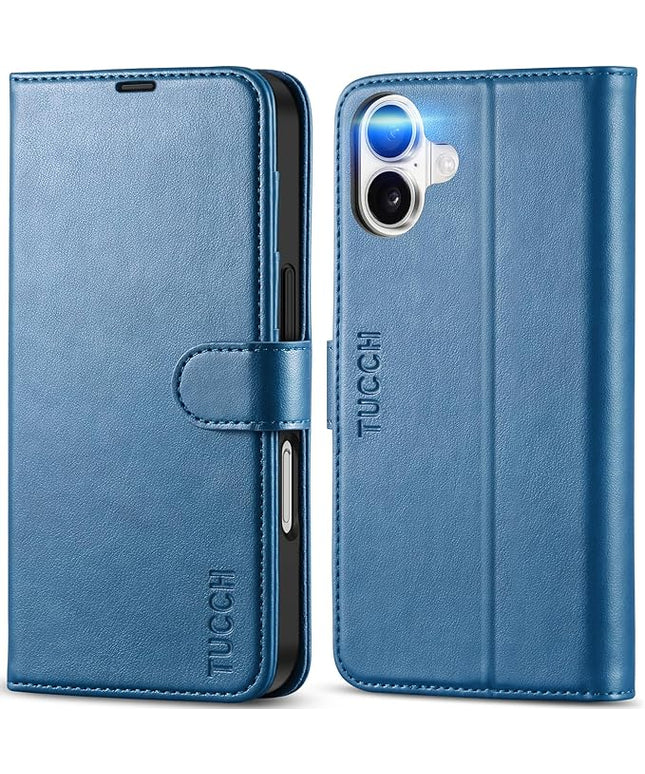 TUCCH Wallet Case for iPhone 16, Magnetic PU Leather Kickstand Flip Cover with 4 Card Slot Shockproof TPU Interior Shell, [RFID Blocking] Folio Case Compatible with iPhone 16 5G 2024, Light Blue