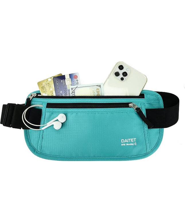 RFID Blocking Money Belt for Men Women, Slim Fanny Pack for Travel，Running,Conceal Waist Wallet for Passport Holder,Phone,Cash(Black Mint Green)