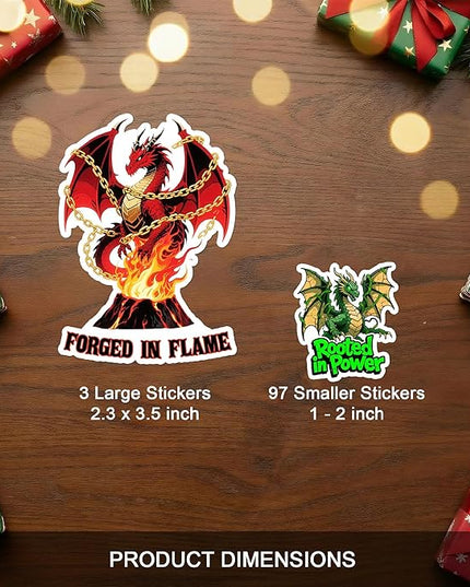 100 PCS Magic Dragon Stickers Pack, Fantasy Vinyl Decals Fire Ice Water Earth Light Dark Dragons, Aesthetic Mythical Dragons Art for Adults, Scrapbooking, Laptops, Water Bottles