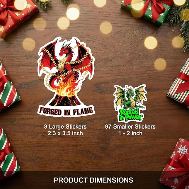 100 PCS Magic Dragon Stickers Pack, Fantasy Vinyl Decals Fire Ice Water Earth Light Dark Dragons, Aesthetic Mythical Dragons Art for Adults, Scrapbooking, Laptops, Water Bottles