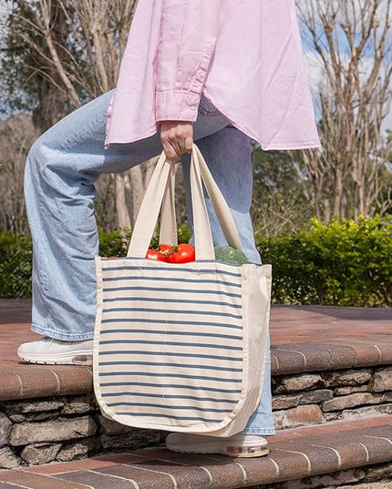 Reusable Canvas Grocery Shopping Bags with Bottle Sleeves - Easy to Organize, Convenient to Carry, Sturdy, Washable and Foldable Cotton Grocery Tote Bags with 80 LB Capacity (Blue Stripe - 3 Bags)