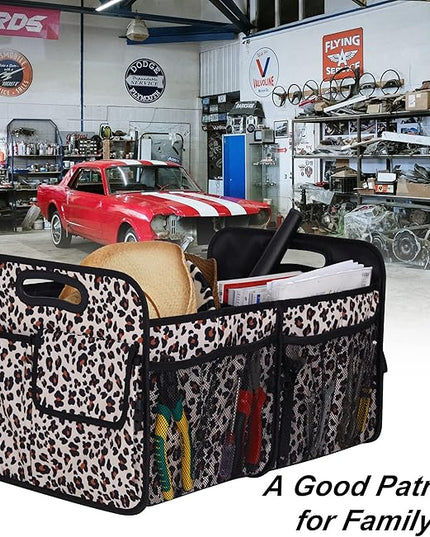 Femuar Car Trunk Organizer, Large Capacity Collapsible Trunk Storage with 11 Pockets, Waterproof, Non-Slip, Suitable for Car, SUV, Truck, Van, Jeep, Sedan, Leopard Print