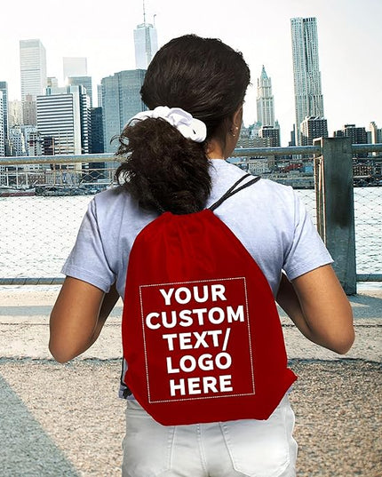 DISCOUNT PROMOS Custom Classic Polyester Drawstring Bagpack Set of 10/50/100, Personalized Bulk Pack - Great for Travelling, Gym and for Everyday Use - Red