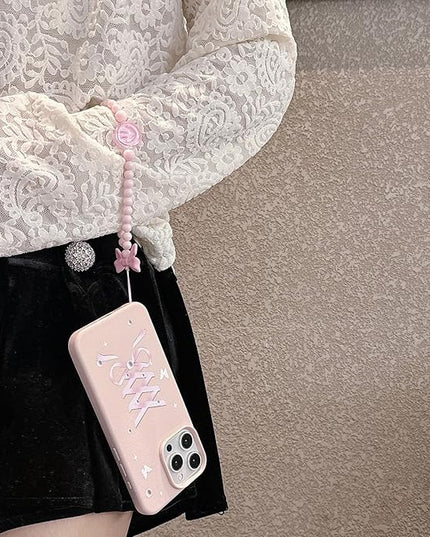Elegant Lovely Bow Phone Case for iPhone 14 Pro, Stylish Ballet Ribbon Girly Cover with Wrist Strap, Aesthetic Soft Pink Tone, Designed for Women and Girls