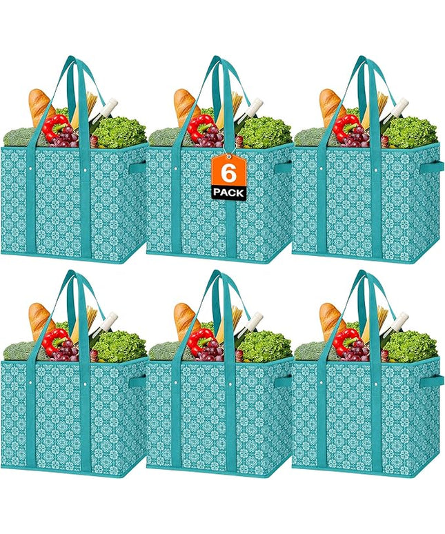 WISELIFE Reusable Grocery Bags [6 Pack],Large Grocery Tote Bag Water Resistant Shopping Bags Foldable Grocery Bag for Clothes,Shoes and Picnic,Green
