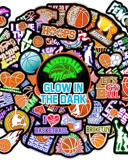 70 PCS Neon Basketball Water Bottle Stickers for Kids, Glow in The Dark Vinyl Decals for Laptop Skateboard Phone Case, Teens Adults Boys Girls Colorful Sports Decor