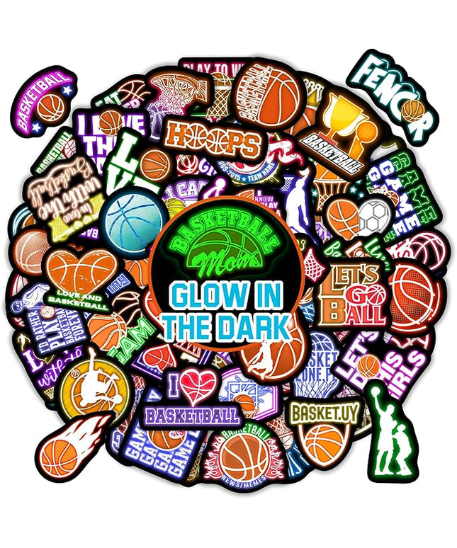 70 PCS Neon Basketball Water Bottle Stickers for Kids, Glow in The Dark Vinyl Decals for Laptop Skateboard Phone Case, Teens Adults Boys Girls Colorful Sports Decor