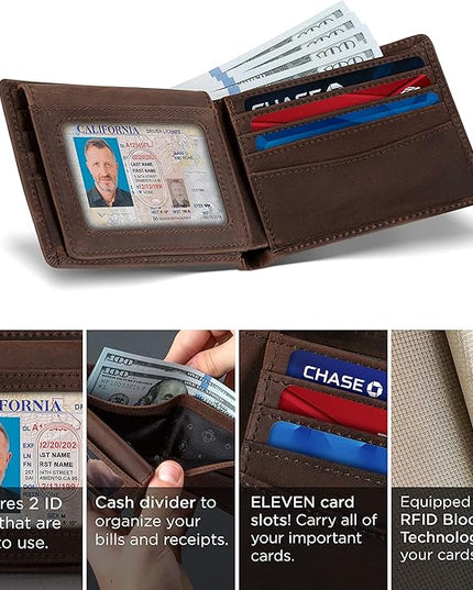 SERMAN BRANDS 2 ID Window Wallet for Men RFID Blocking Leather, Bifold Top Flip, Extra Capacity Travel Wallet
