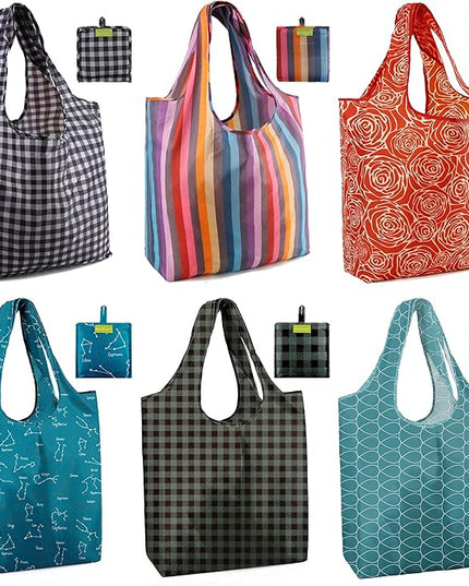 BeeGreen Large Tote Bag 6 Pack Reusable Grocery Bags Foldable - Bulk Machine Washable Ripstop Polyester Fabrics Grocery Bag - Reusable Shopping Bags for Women Travel Storage (Geometry Design)