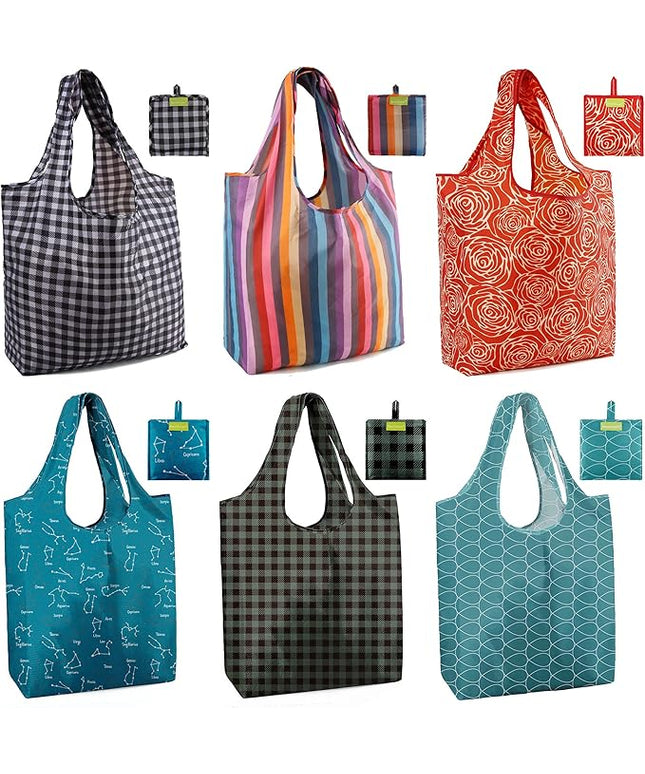 BeeGreen Large Tote Bag 6 Pack Reusable Grocery Bags Foldable - Bulk Machine Washable Ripstop Polyester Fabrics Grocery Bag - Reusable Shopping Bags for Women Travel Storage (Geometry Design)