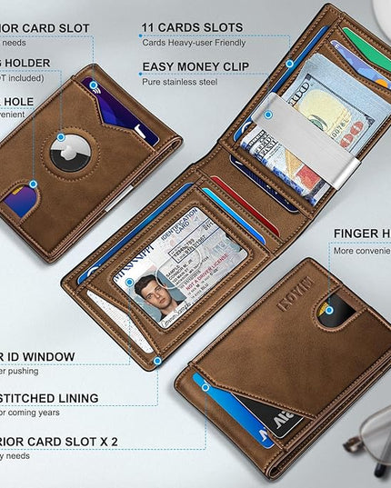 miyozi Airtag Wallet for Men,with Money Clip 11 Cards Slim Front Pocket Leather RFID Blocking Wallet with Gift Box