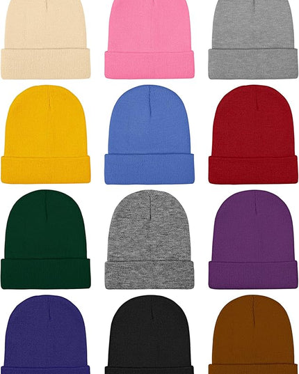 Cooraby 12 Pack Knitted Winter Beanie Cold Weather Acrylic Warm Skull Cap Cuff Watch Hat for Men or Women Homeless Donation