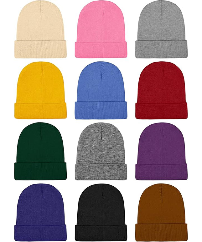 Cooraby 12 Pack Knitted Winter Beanie Cold Weather Acrylic Warm Skull Cap Cuff Watch Hat for Men or Women Homeless Donation