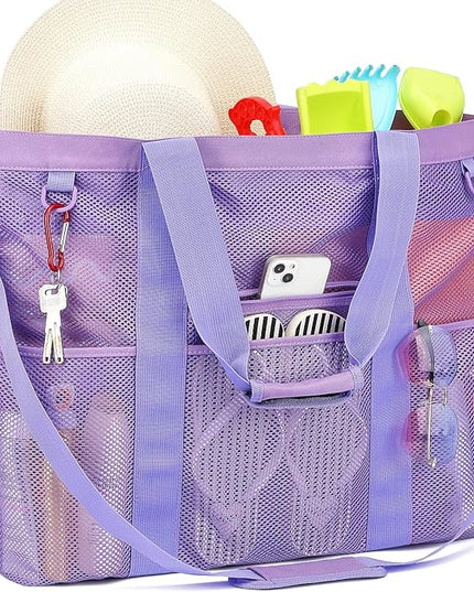 Mesh Beach Bag, Large Beach Tote with Zipper Pocket, Toys Pool Bag for Family Travel Vacation Cruise Essentials