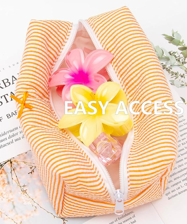 PAZIMIIK Cozy Makeup Bag Small Aesthetic Travel Zipper Cosmetic Pouch for Women Make Up Beauty Accessories Brushes, Stripe Orange