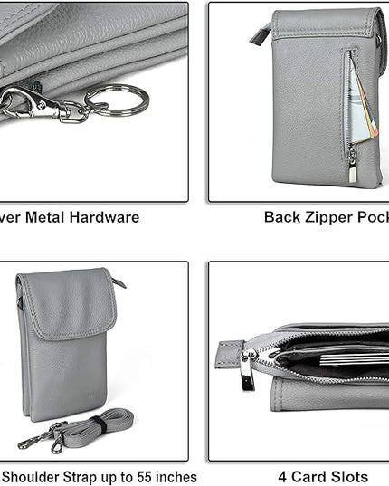 befen Genuine Leather Small Crossbody Bags for Women Cell Phone Bag Cross Body Purses,Silver Zipper