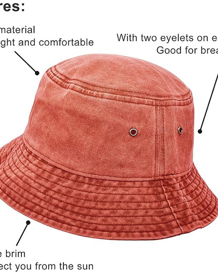 Bucket Hat, Wide Brim Washed Denim Cotton Outdoor Sun Hat Flat Top Cap for Fishing Hiking Beach Sports