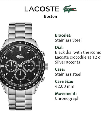 Lacoste Boston Men's Chronograph Watch - Classic Stainless Steel - Tachymeter - Water Resistant up to 5ATM/50 Meters - Modern Design for Him - 42mm