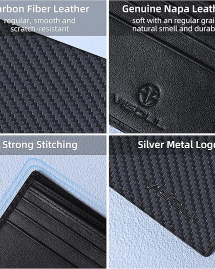 VISOUL Mens Carbon Fiber Leather Bifold Wallet with 2 ID Windows, RFID Blocking Secure Designer Wallets for Men with Two Cash Compartments (Black+Black)