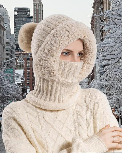 HUAMULAN Women Winter Beanie Hats One Piece Fleece Lined Knit Balaclavas Mask Set Skull Neck Circle Scarf Ski Snow Hat Pompom