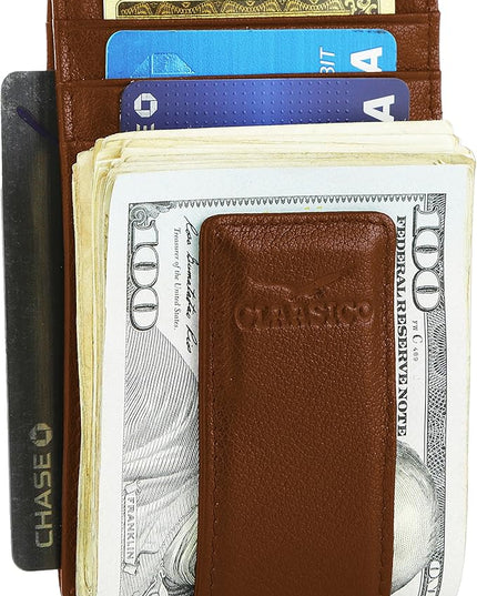 Money Clip Leather Wallet For Men Slim Front Pocket RFID Blocking with Super Strong Magnetic