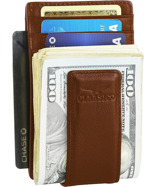 Money Clip Leather Wallet For Men Slim Front Pocket RFID Blocking with Super Strong Magnetic