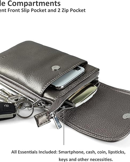 befen Genuine Leather Small Crossbody Bags for Women Cell Phone Bag Cross Body Purses,Silver Zipper