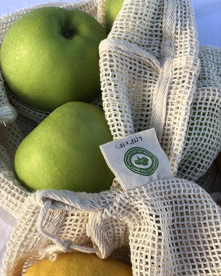 Cotton Mesh Produce Bags - Washable, Organic Cotton Vegetable Storage Bags - Large Net Mesh Onion & Potato Storage Sacks - 14"x18" (6 XL)