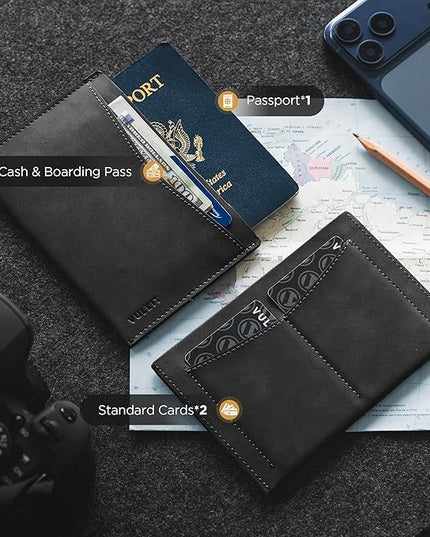 VULKIT Passport Cover Ultra Slim Design Leather Passport Sleeve RFID Blocking with 2 Card Slots, Anti-Theft Travel Essentials