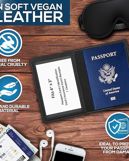Ciana Passport Holder for Travel – PU Leather Passport Cover and Card Holder for Men & Women – Slim Passport Holder with Card Protector Slot, Travel Must Haves (Black)