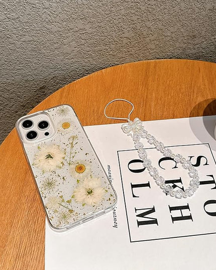 for iPhone 13 Pro Max Case, [Real Daisy White Flower & Gold Foil][with Luxury Bracelet Wrist Strap] Floral Design, Clear Soft TPU for Women and Girls