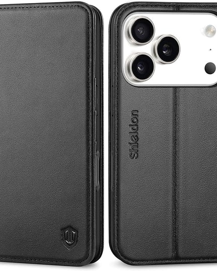 SHIELDON Wallet Case for iPhone 17 Pro 6.3" 2025 | Genuine Leather | Flip Magnetic Cover | RFID Blocking Credit Card Holder | Kickstand | Soft Shock-Absorbent Interior Shell | Black