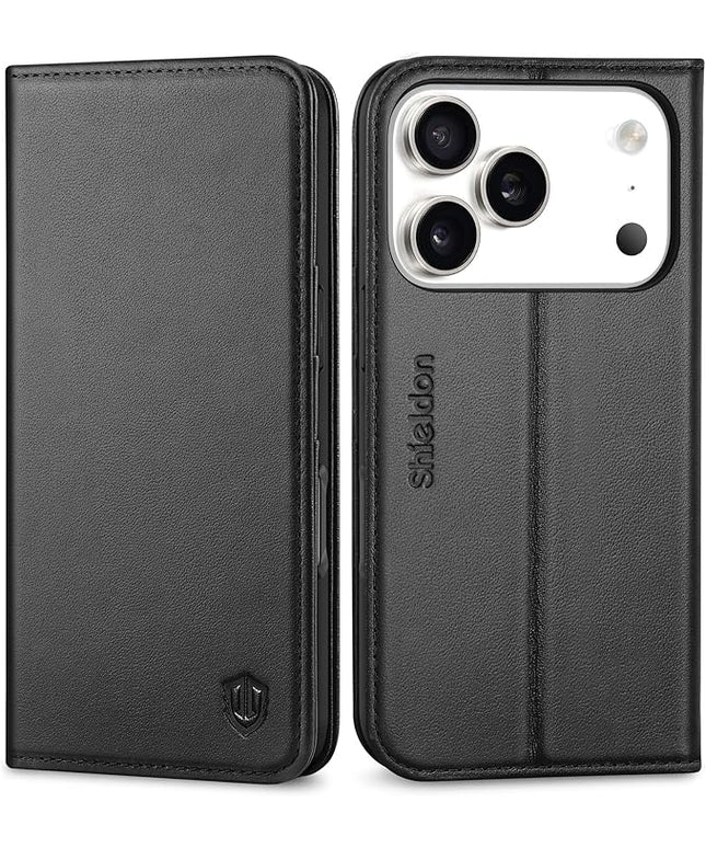 SHIELDON Wallet Case for iPhone 17 Pro 6.3" 2025 | Genuine Leather | Flip Magnetic Cover | RFID Blocking Credit Card Holder | Kickstand | Soft Shock-Absorbent Interior Shell | Black