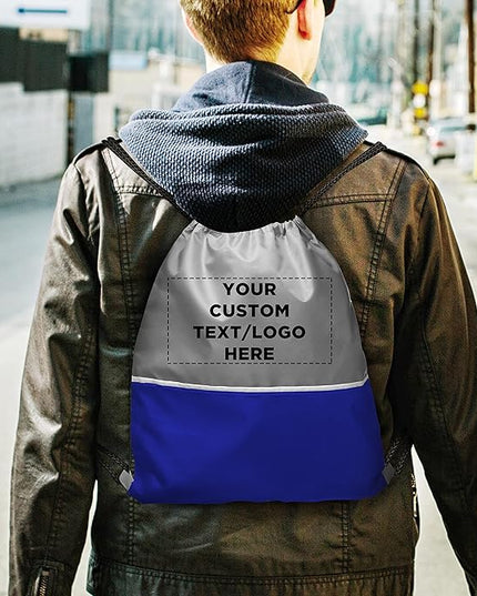 DISCOUNT PROMOS Custom Easy Go Drawstring Backpack Set of 10/50/100, Personalized Bulk Pack - Great for Travelling, Gym and for Everyday Use - Blue