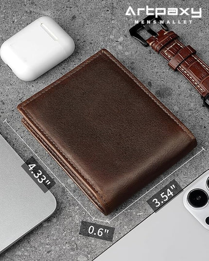 Artpaxy Mens Wallet Genuine Leather Bifold RFID Blocking Wallet for Men with 1 ID Window 13 Card Holders 2 cash pockets 1 Gift Box
