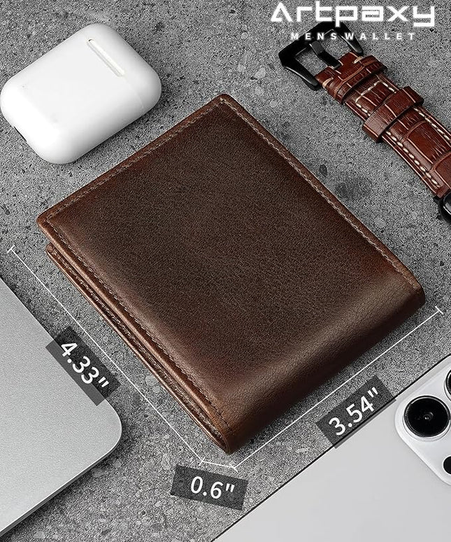 Artpaxy Mens Wallet Genuine Leather Bifold RFID Blocking Wallet for Men with 1 ID Window 13 Card Holders 2 cash pockets 1 Gift Box