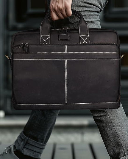 LEATHER VILLAGE 18" Leather Laptop Messenger Briefcase Bag for Men-Leather Satchel for Travel and Office Shoulder Bag- Black