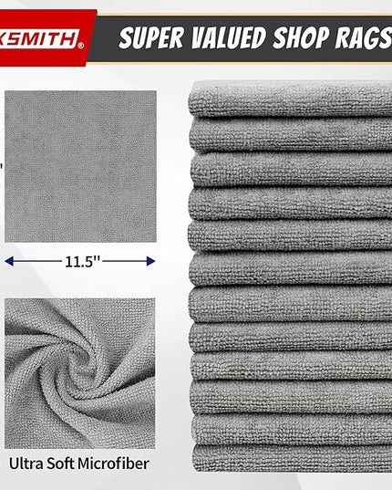 FIXSMITH Microfiber Cleaning Cloth, Shop Towels Bulk, 24 Pack Grey Microfiber Towels for Cars, All-Purpose Absorbent Cleaning Rags, Dust Cloth for Automotive, Mechanic, Garage, Bar, 12 x 11 inch
