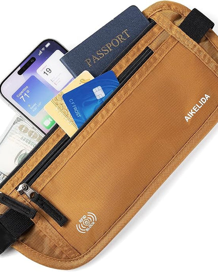 RFID Blocking Money Belt - Passport Holder & Travel Wallet, Slim Hidden Fanny Packs for Women Men - Gold