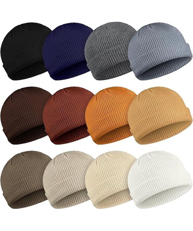 Geyoga 12 Pcs Trawler Beanie Hats for Men Fisherman Roll up Short Cuff Knit Beanie Bulk Winter Watch Cap for Men Women